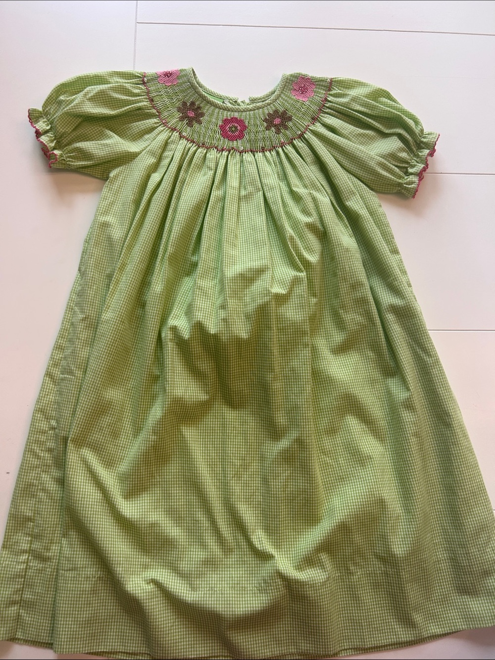 Smocked flower green gingham dress